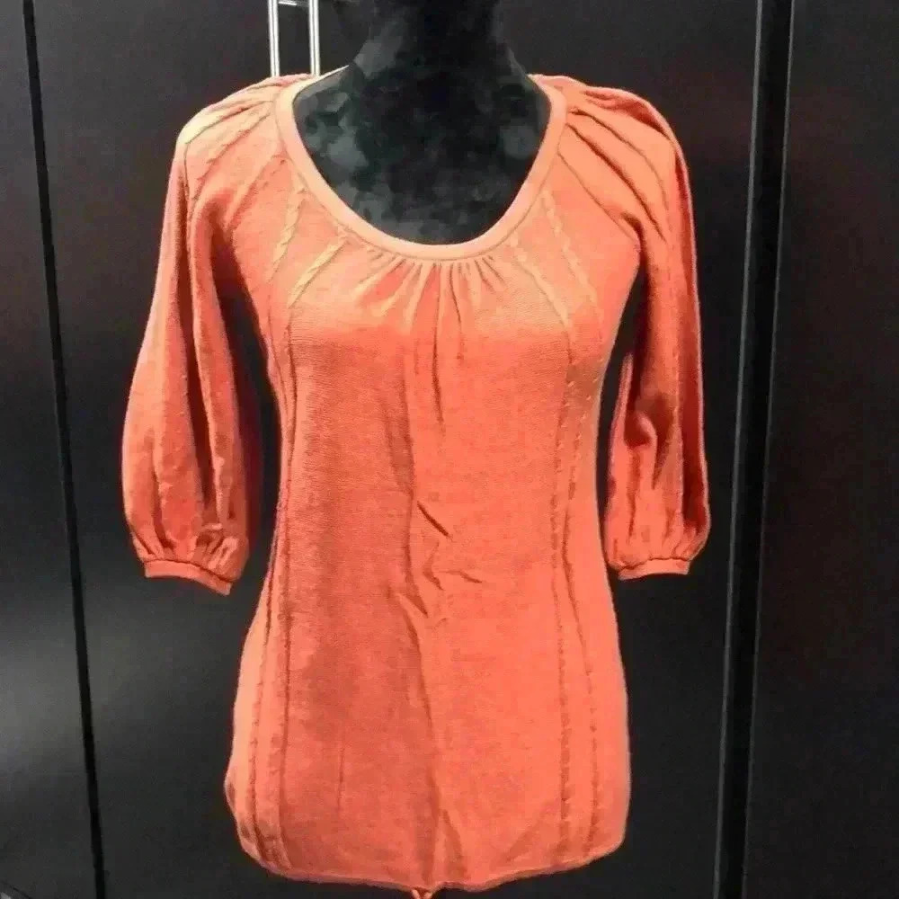 American Rag Cotton Knit,mid sleeve,round neck,pleated shoulder,tie waist